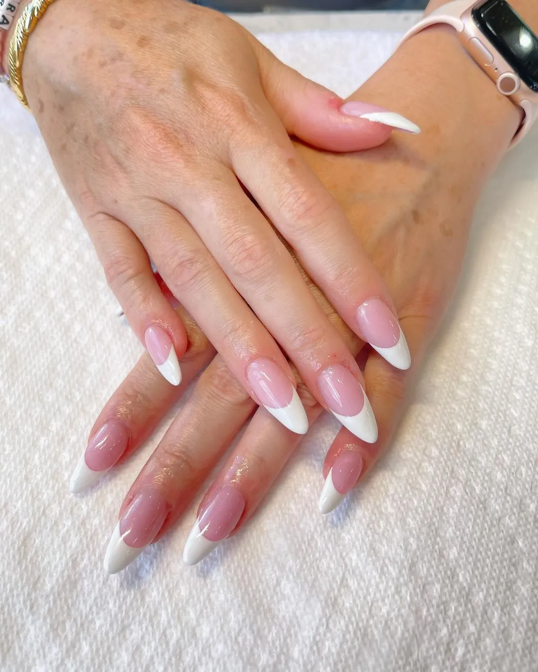 13. Pink and white Almond Nails design