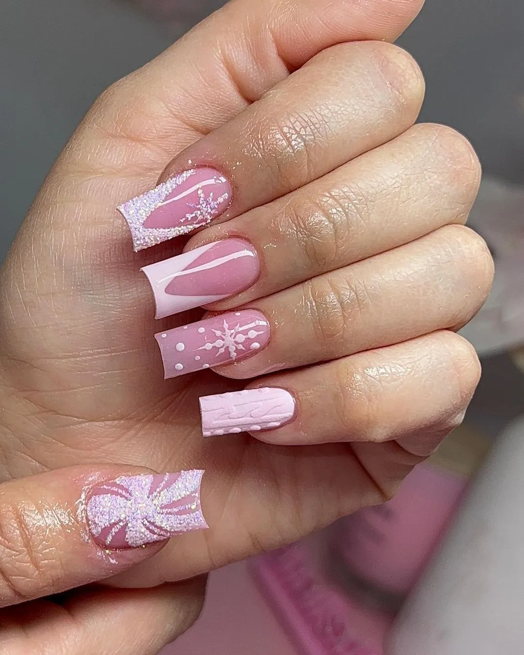 13. pink and white christmas nails