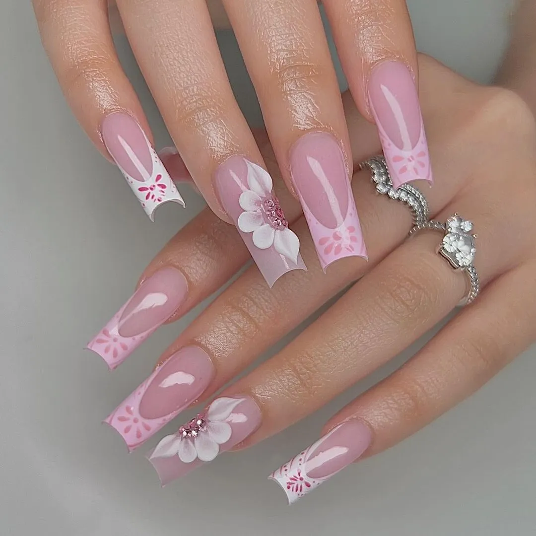 17. pink flower design nails