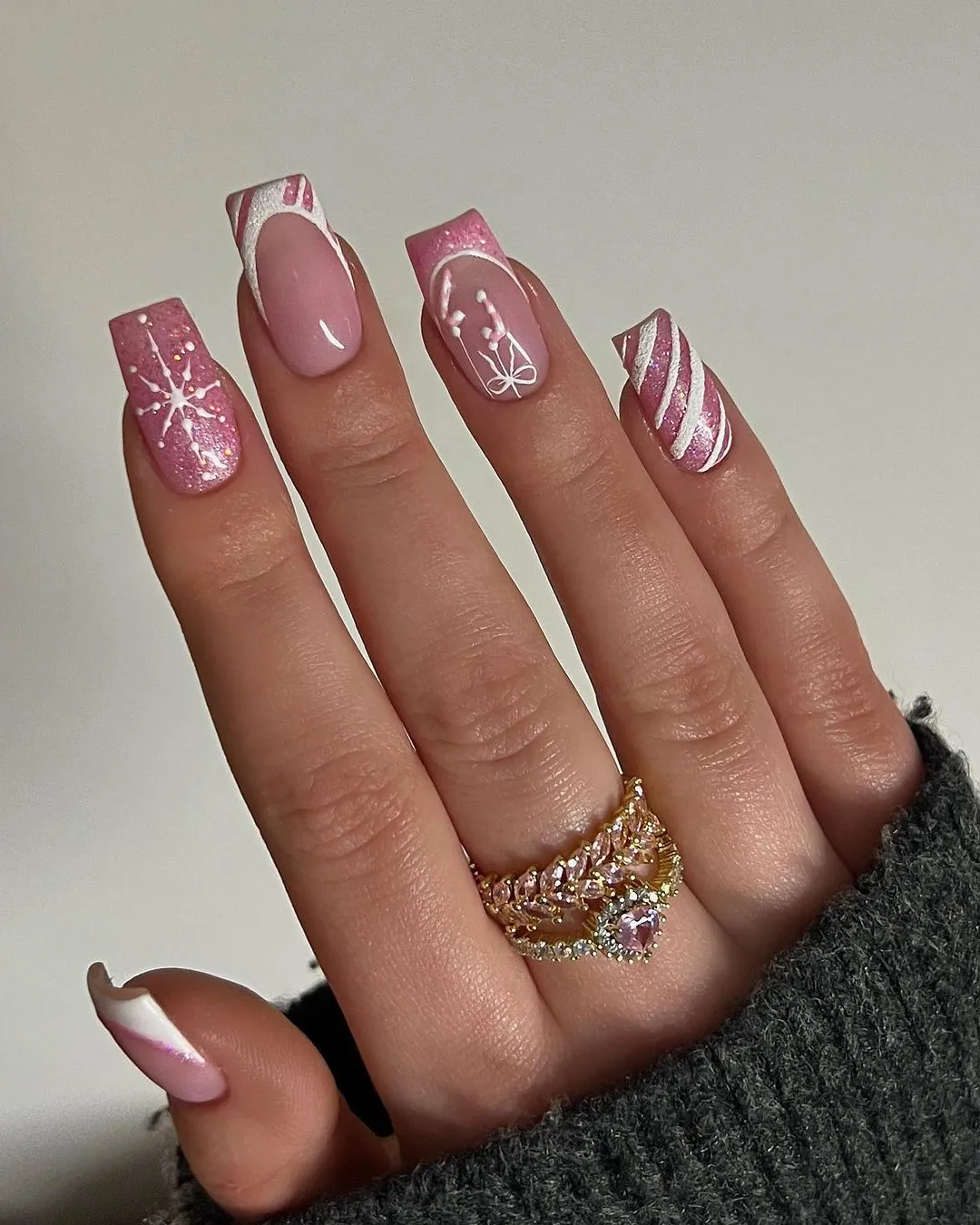 2. Pink Christmas Nials with Candy canes, bows & snowflakes