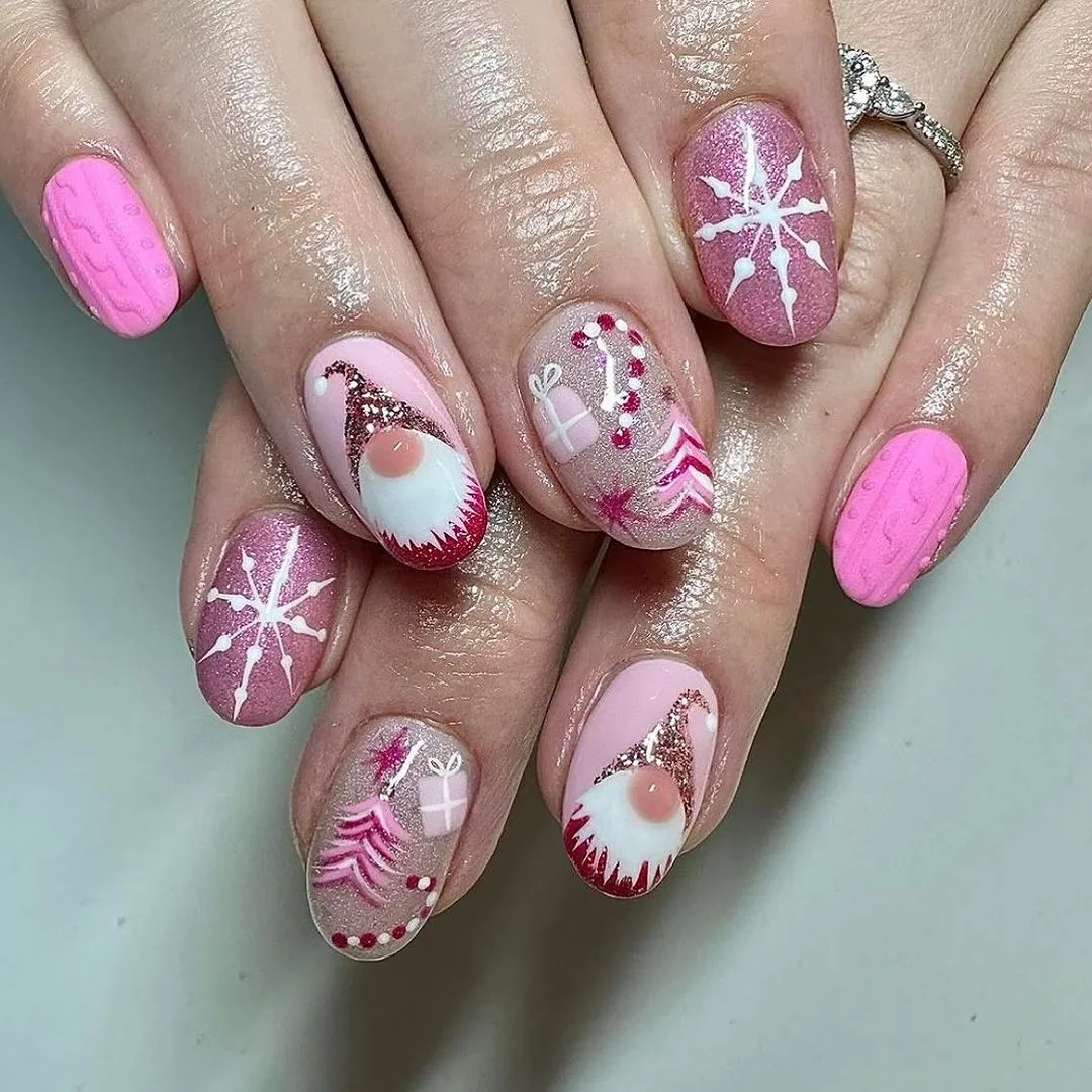 23. Small pink Christmas Art nails