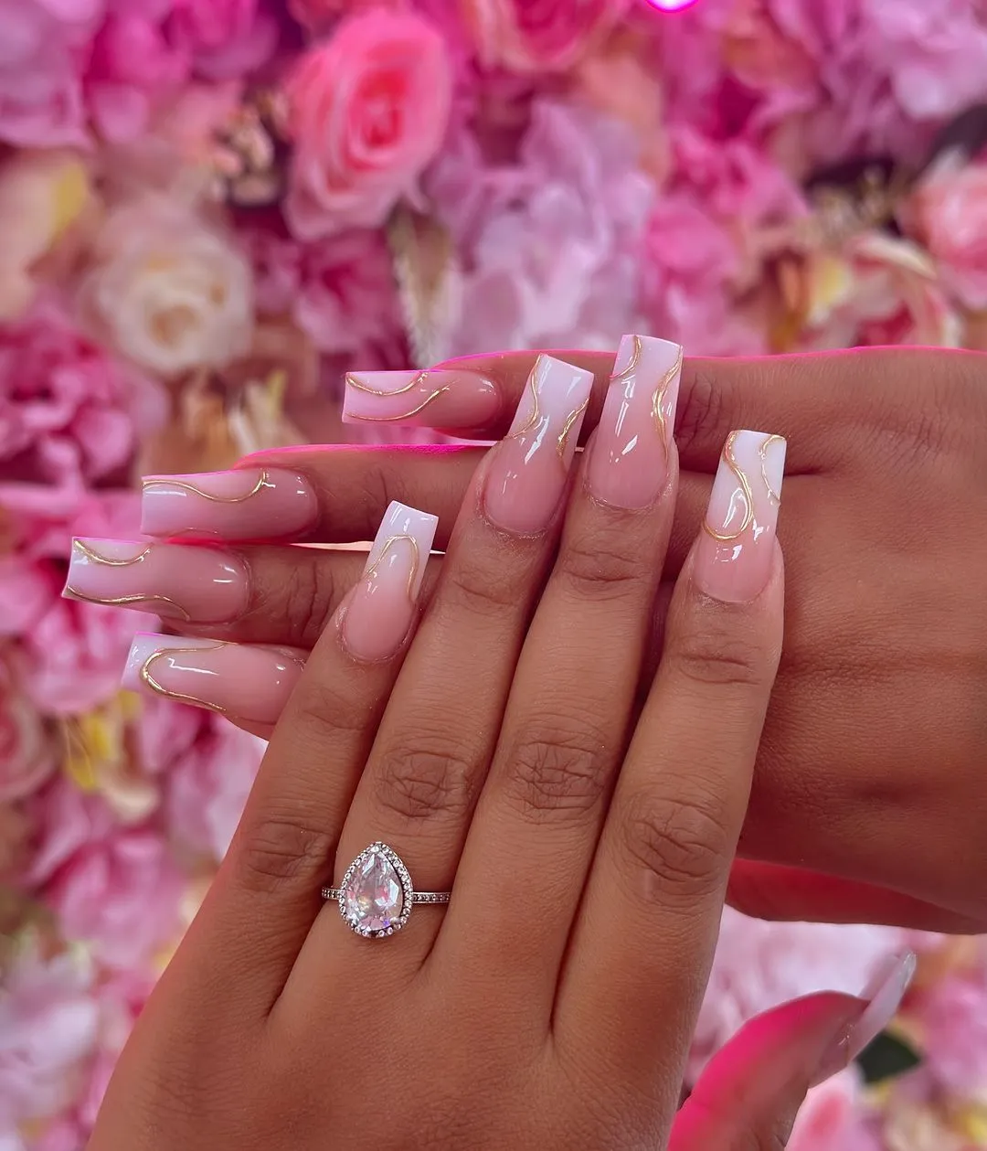 24. pink and white nails with golden line