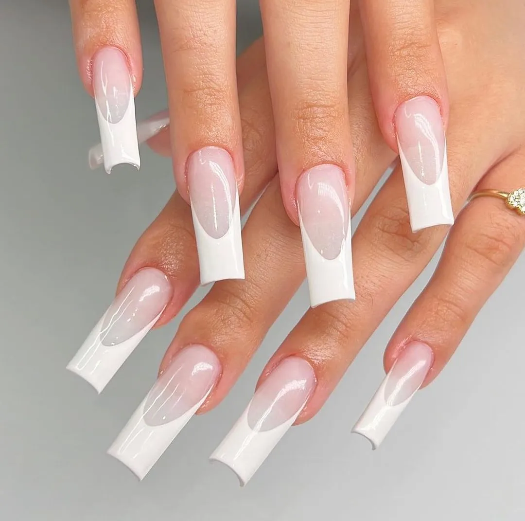 25. light pink and White long Tip Design