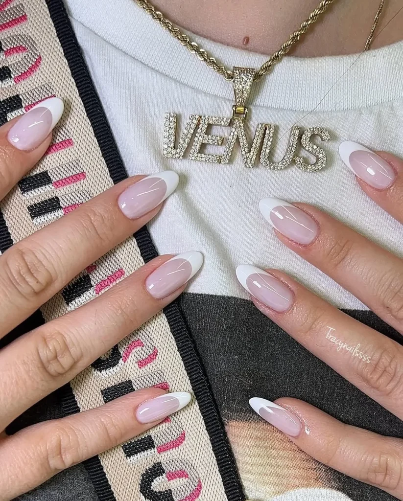 27. Almond White French Tips Nails