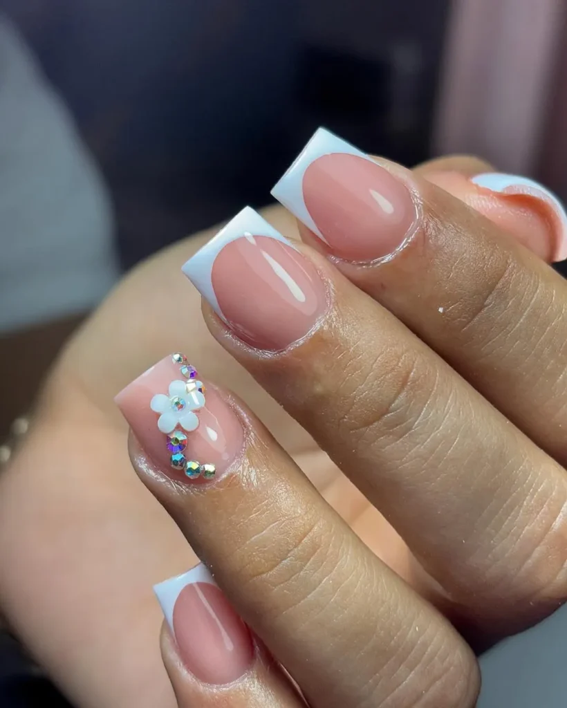 7. Floral Short French Tip Nails