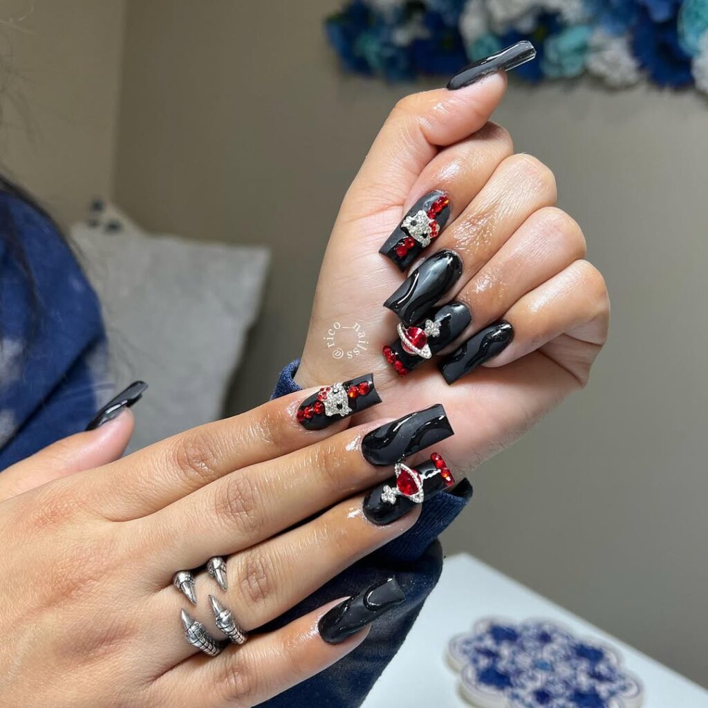 15. Black Rhinestone Nails